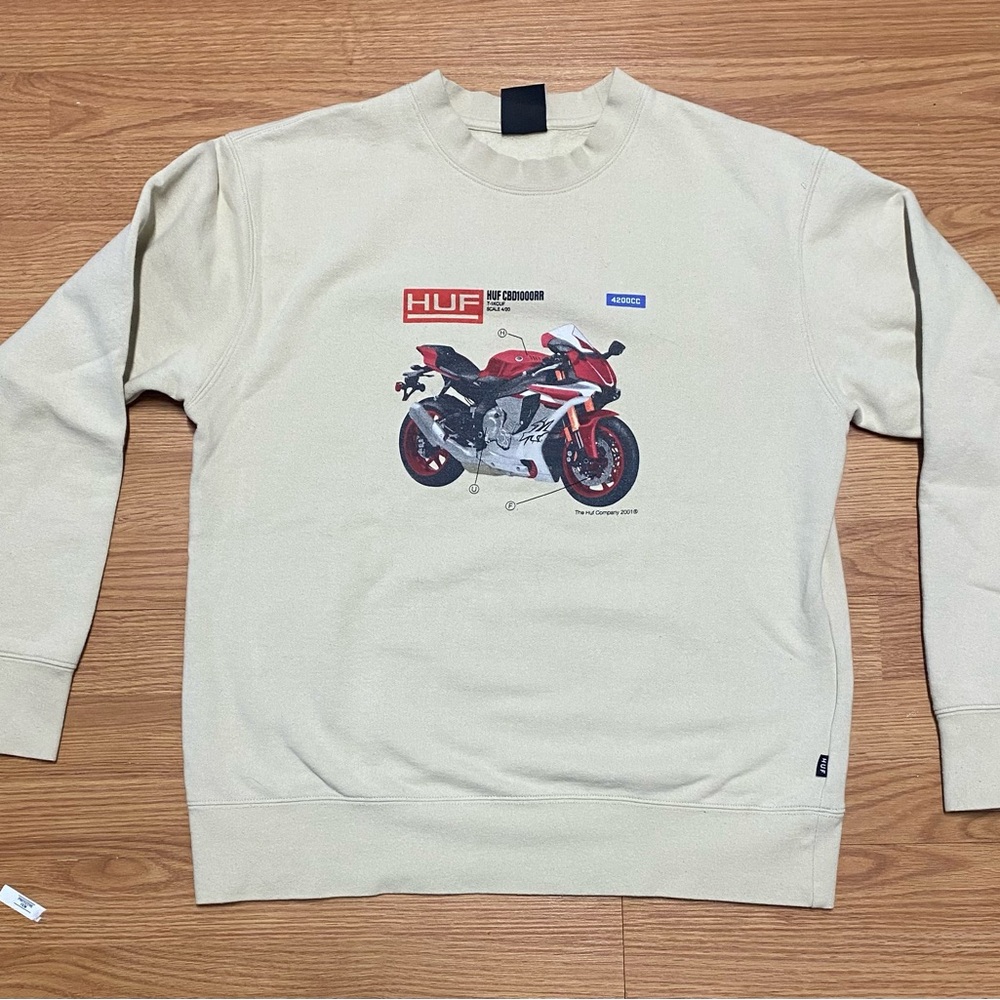 HUF Men's Beige Sweater with Red Motorcycle Design